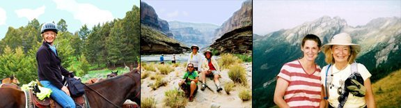Left-Right: Carol on Cattle Ranch trip in Montana, on the Grand Canyon Raft trip (right), and Hiking in Italy (right)