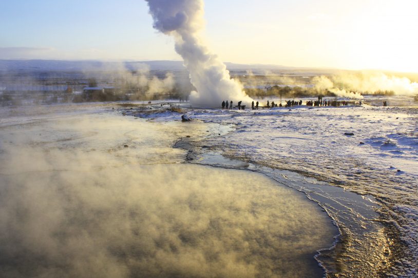 Great Geyser hot springs area on women's trip to Iceland in summer