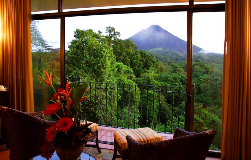 A beautiful shot of the jungle and volcano in Costa Rica from hotel on women's trip