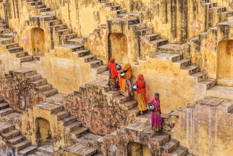 Women plunging down 13 stories into the incredible step wells of Chand Baori in Jaipur.