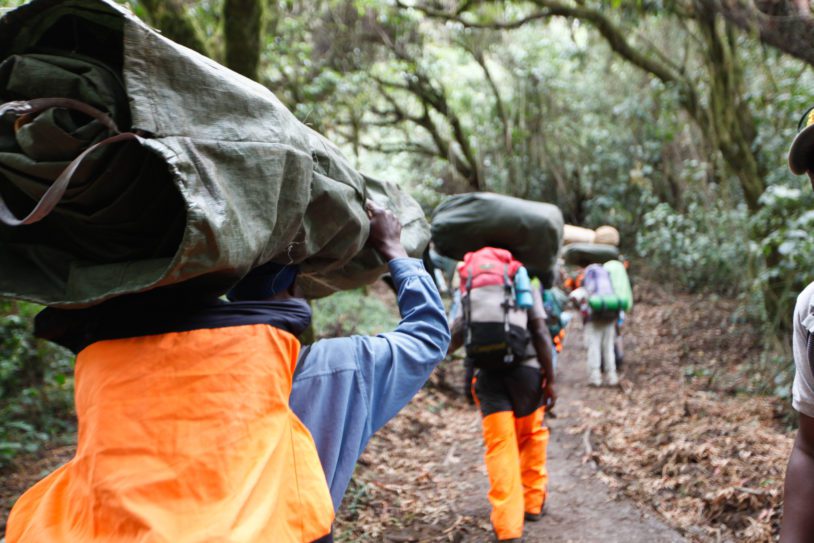 Porters carrying supplies and accompanying hikers on Kilimanjaro