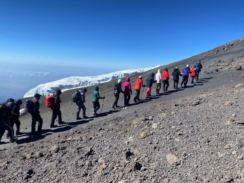 AdventureWomen in a single file line climbing Kilimanjaro