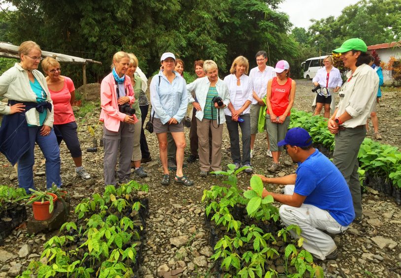A group of women learning how cacoa is grown from a local farmer.