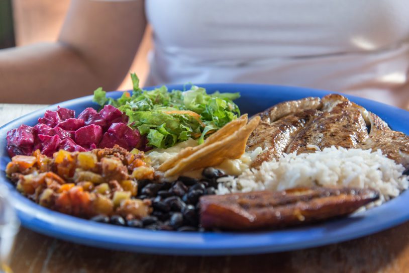 Assorted Costa Rican food served on a plate.
