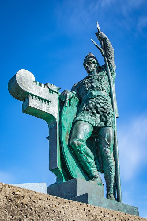 Norseman Ingolfur Arnarson statue in Iceland in winter