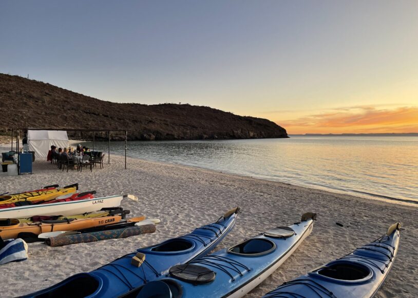 Kayaks ready to go while glamping in Baja