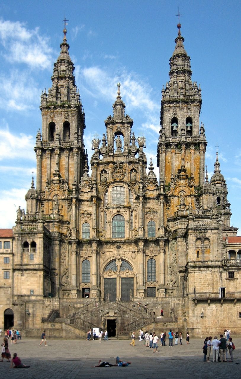 The impressive Cathedral of Santiago at the Plaza Quintana, Stonework, spires and belfries.