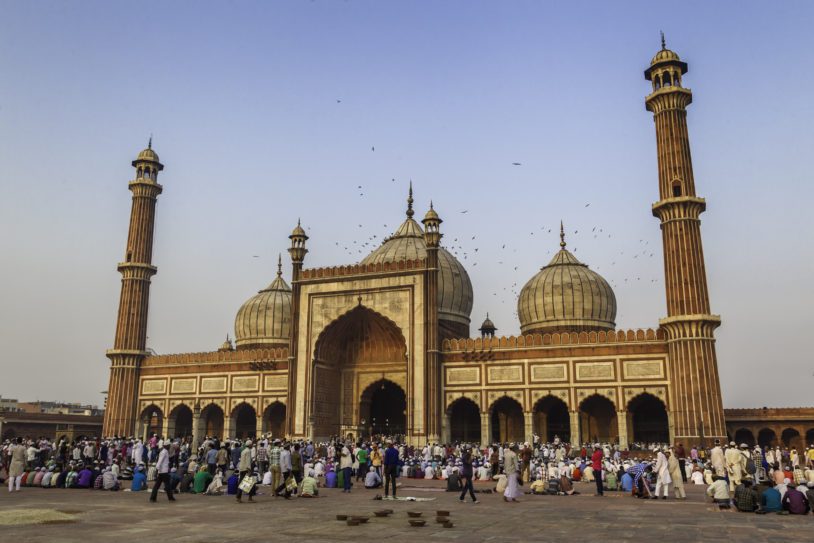 Scene of Old Delhi Jama Masjid(mosque) on the day of Muslim major festival Eid-al-fitr, on this day thousands of muslim gather at the historical and one of the oldest mosque of the city to offer Namaz(prayer).