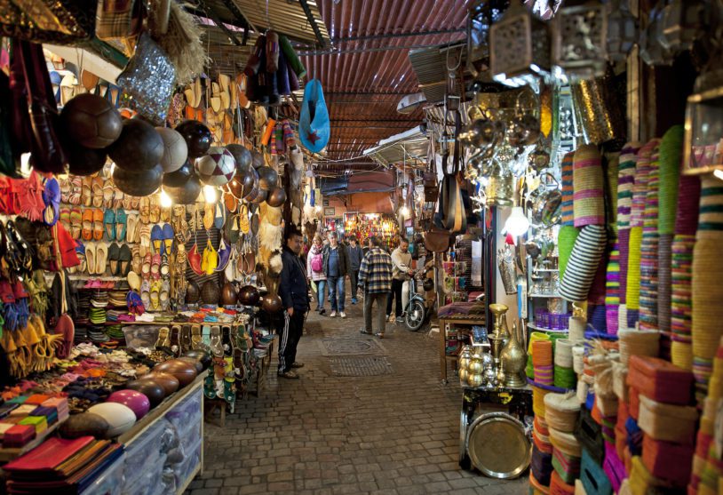 Moorish bazaar and narrow alleyways of the Souk, with a view into the market areas showing the incredible variety of wares for sale, Marrakech, Morocco