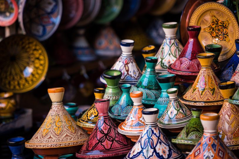 Assorted Moroccan tajines in a souk