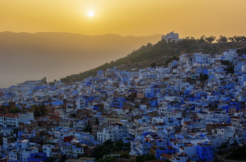 Blue city Chefchaouen in Rif mountains at sunset.