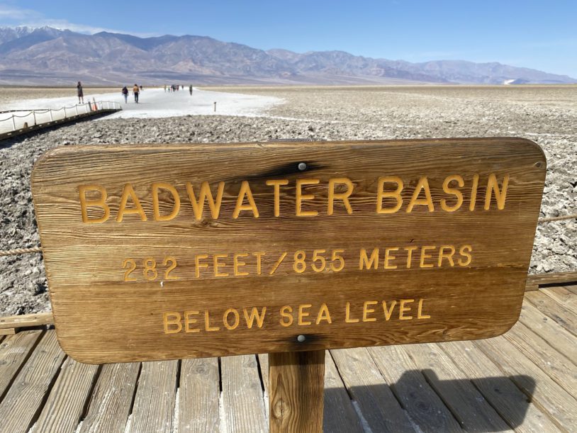 A wooden sign sharing Bdwater Basin is below sea level