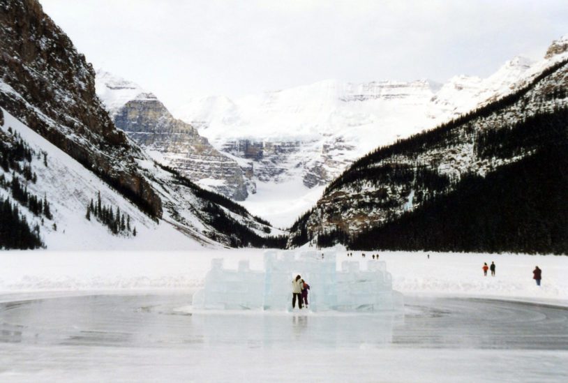 Lake Louise winter activities on ice covered lake