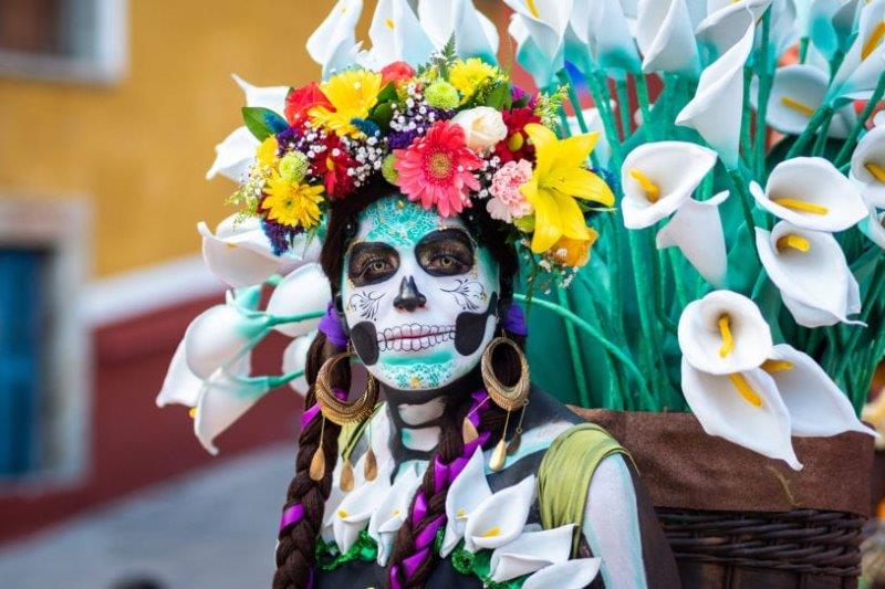 Day of the Dead in true Mexican fashion costume and makeup