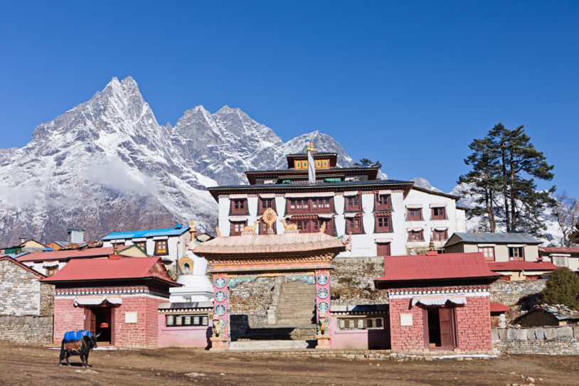 Tengboche (or Thyangboche) is a village in Khumjung in the Khumbu region of eastern Nepal, located at 3,867 metres (12,687 ft). In the village is an important Buddhist monastery, the largest gompa in the Khumbu region. The structure was built in 1923. In 1934, it was destroyed by an earthquake but subsequently rebuilt. It was destroyed again by a fire in 1989, and again rebuilt with the help of volunteers and the provision of foreign aid. Thyangboche has a panoramic view of the Himalayan mountains, including the well known peaks of Tawache, Everest, Nuptse, Lhotse, Ama Dablam, and Thamserku.http://bem.2be.pl/IS/nepal_380.jpg