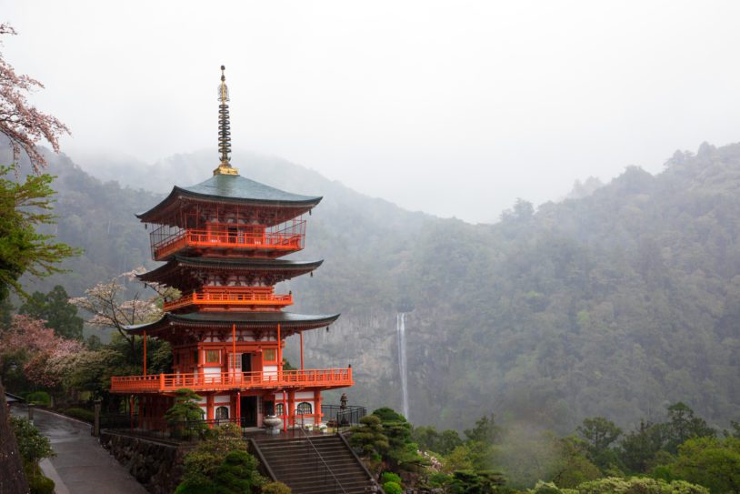 Nachi falls in the mist with mountains in the backdrop