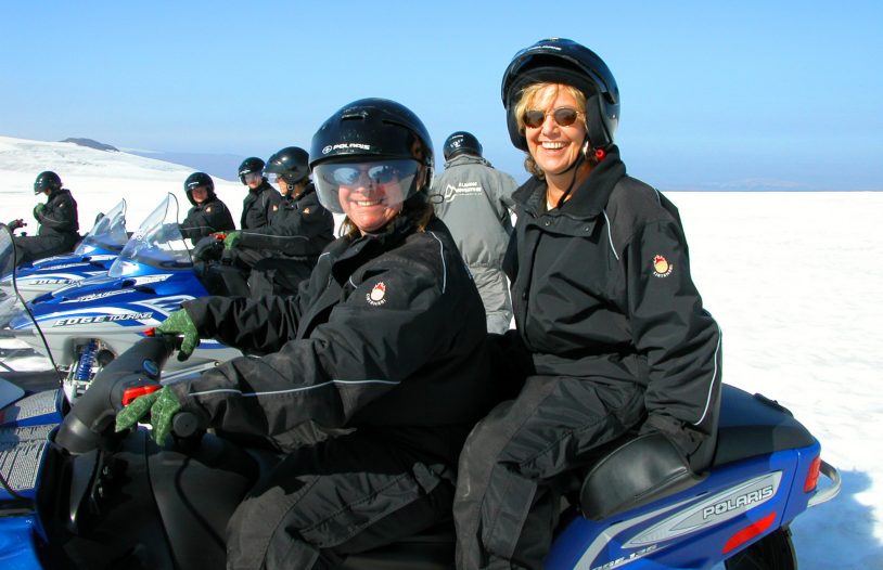 Smiles before riding snowmobile to top of Lanjokull glacier